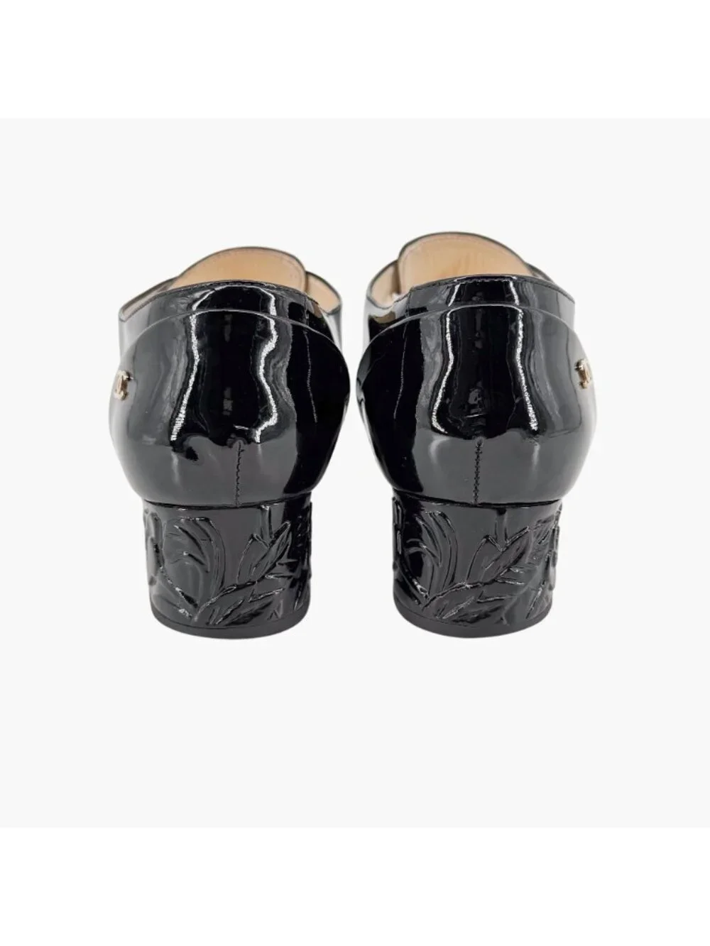 Chanel CC Camellia Flower Patent Oxford Heels Black Leather Size 37 US 6-6.5